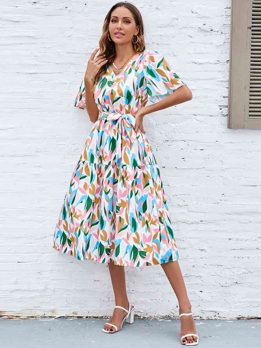 Printed Tie-Waist V-Neck Flutter Sleeve Dress - TRENDMELO