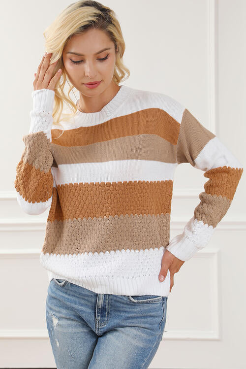 Striped Round Neck Long Sleeve Knit Top - TRENDMELO