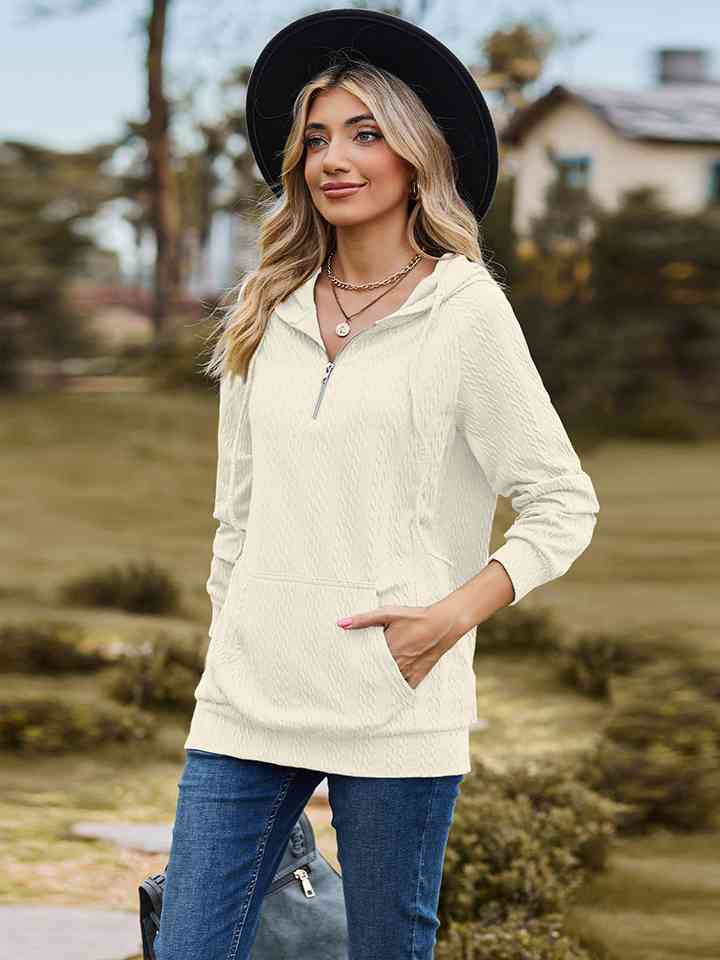 Cable-Knit Zip-Up Hooded Blouse - TRENDMELO