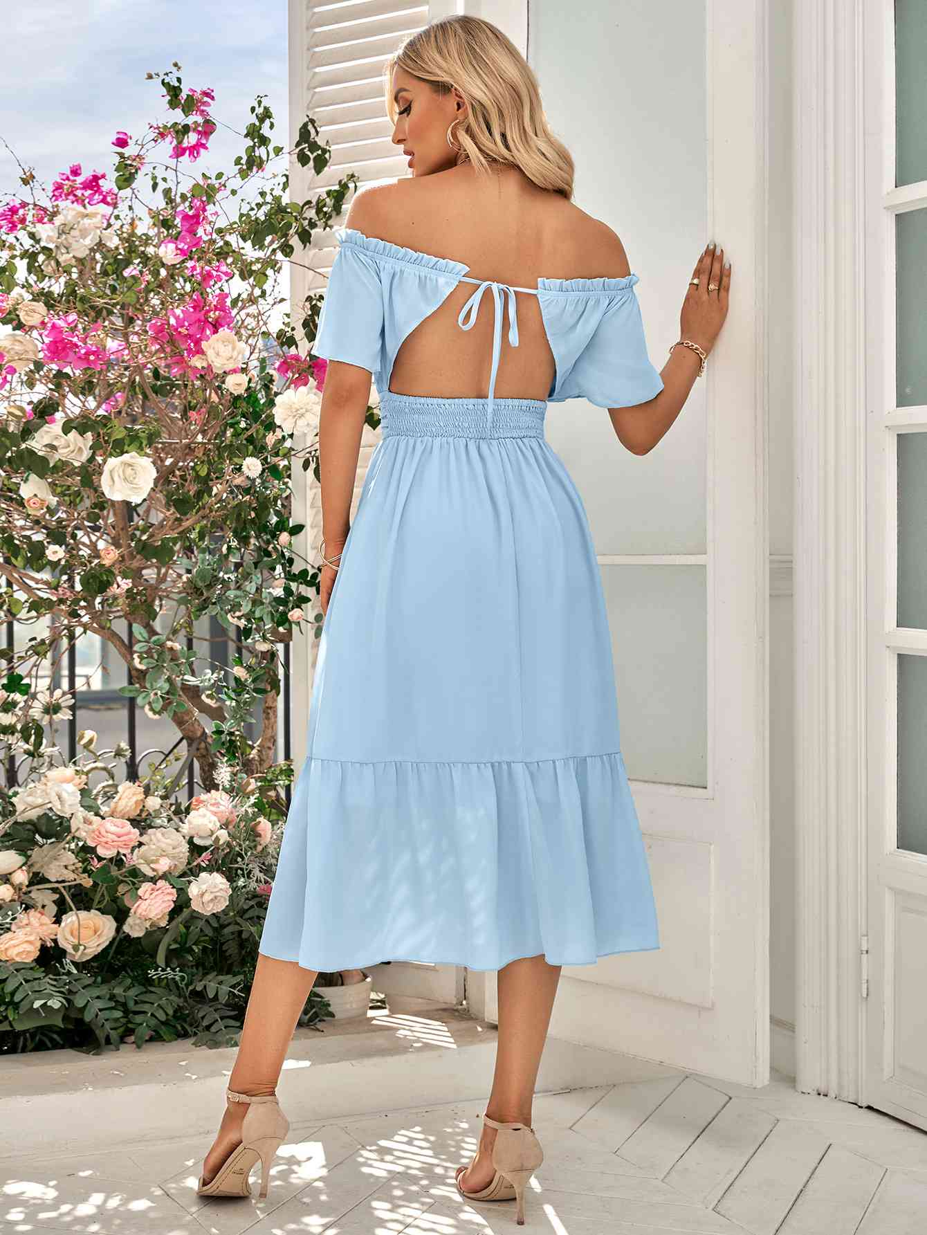 Off-Shoulder Tied Cutout Dress - TRENDMELO