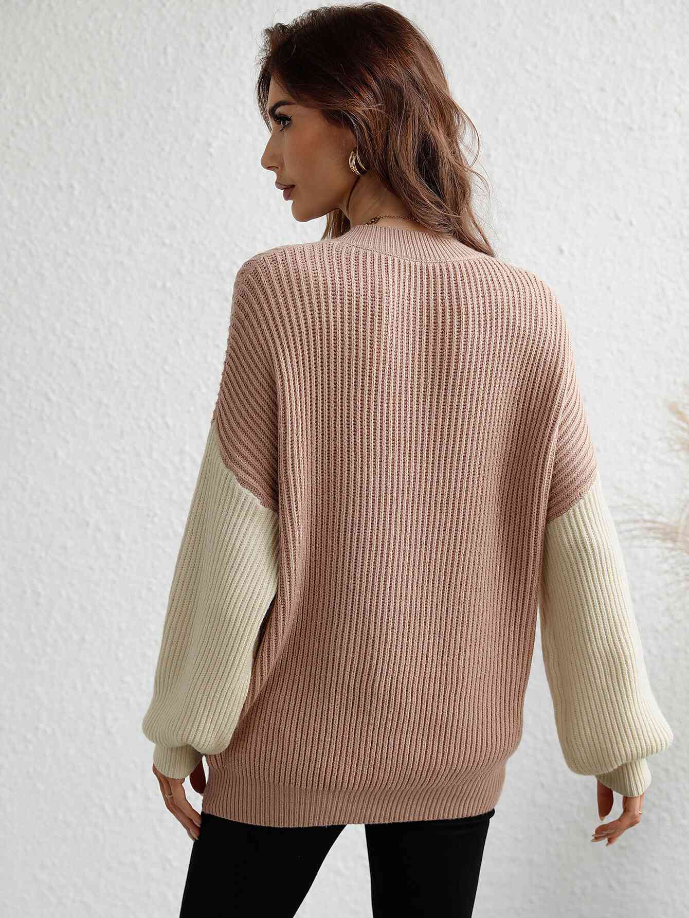 Two-Tone Rib-Knit Dropped Shoulder Sweater - TRENDMELO