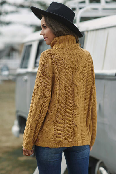 Cable-Knit Turtleneck Dropped Shoulder Sweater - TRENDMELO
