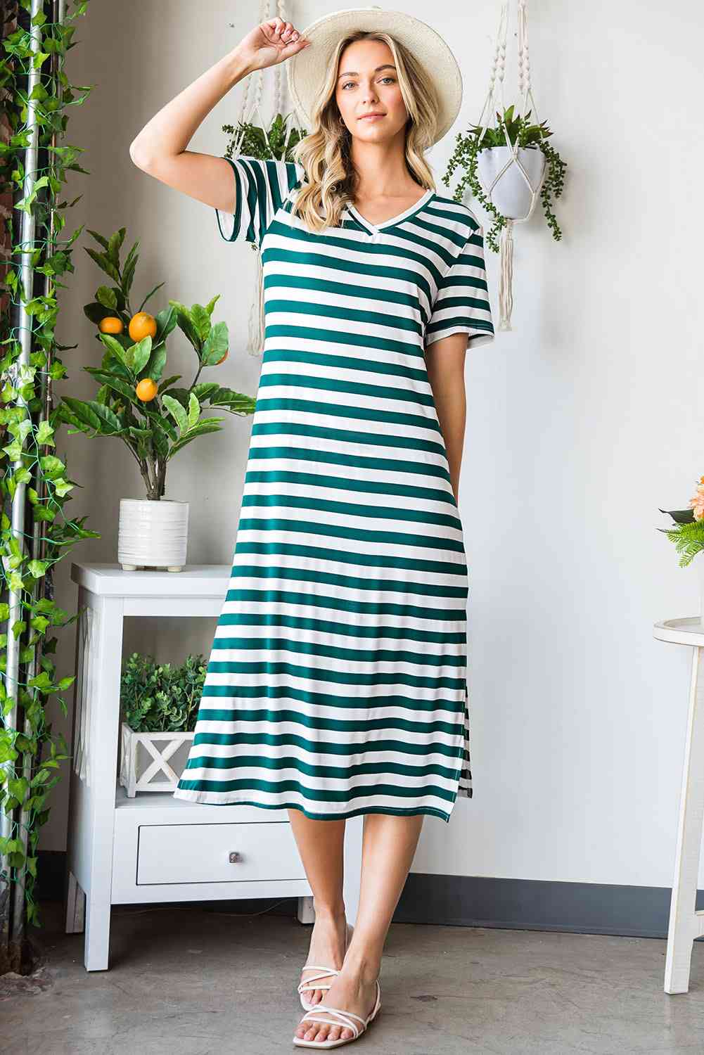 Striped V-Neck Short Sleeve Side Slit Dress - TRENDMELO