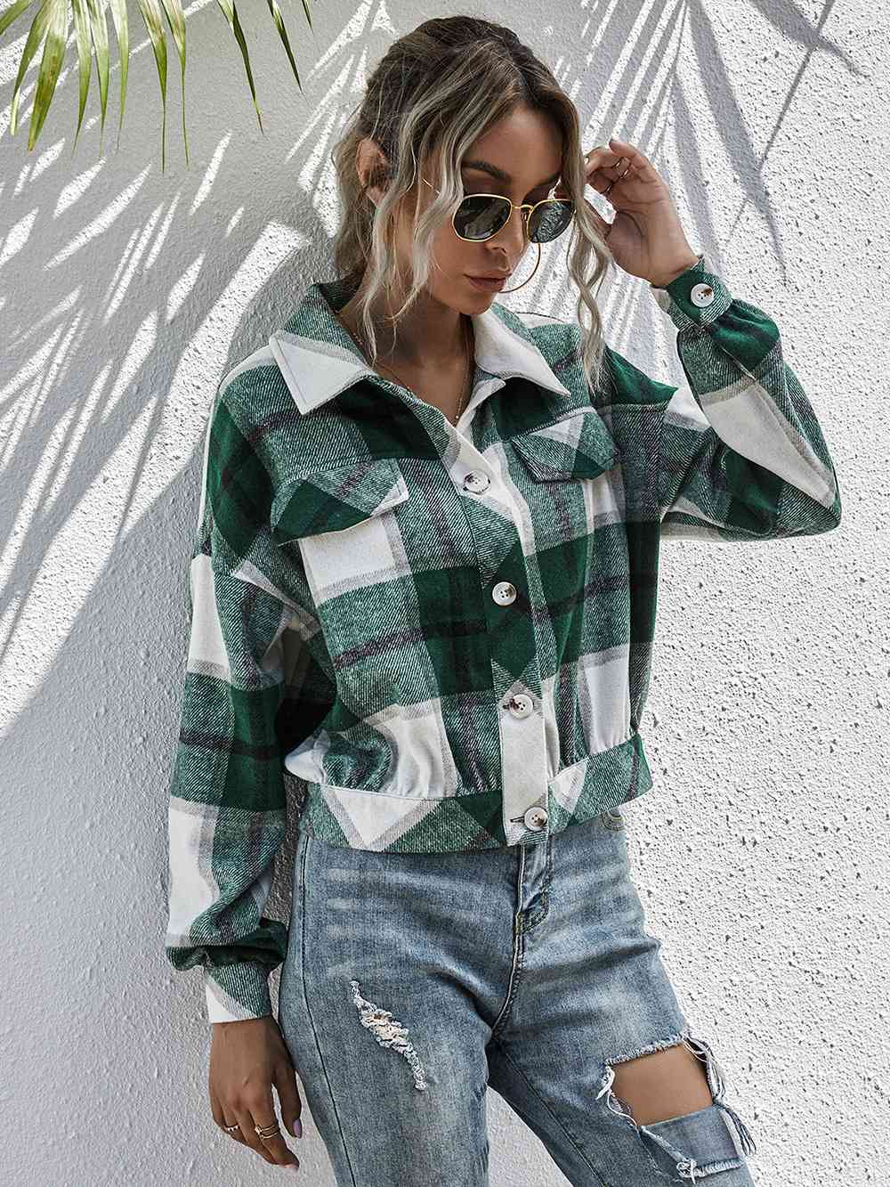 Plaid Dropped Shoulder Shirt Jacket - TRENDMELO