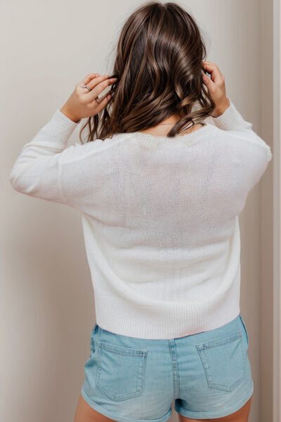 XOXO Heart Round Neck Dropped Shoulder Sweater - TRENDMELO