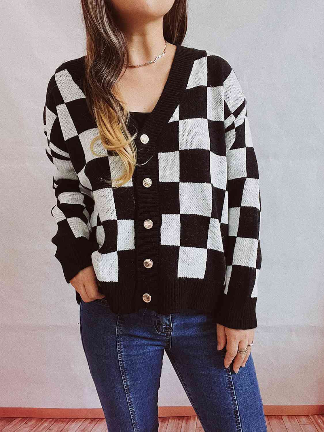 Checkered Open Front Button Up Cardigan - TRENDMELO