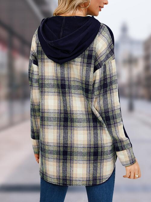 Plaid Drawstring Long Sleeve Slit Hoodie - TRENDMELO