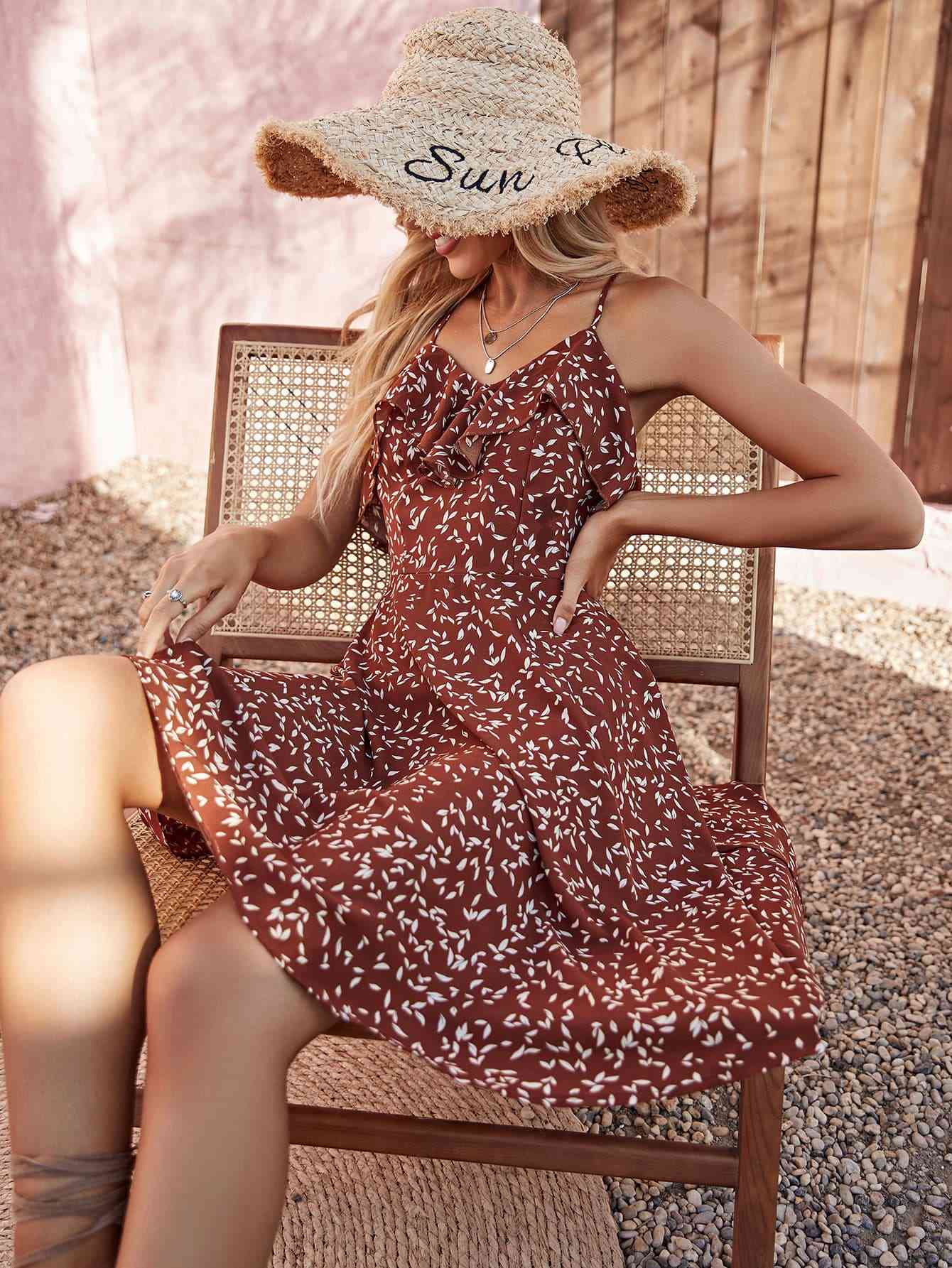 Printed Crisscross Tie Back Knee-Length Dress - TRENDMELO