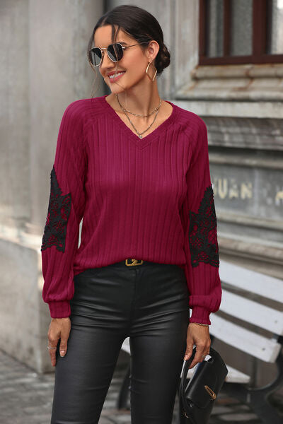 Ribbed Lace Detail V-Neck Sweater - TRENDMELO