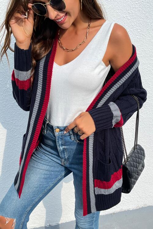 Open Front Striped Long Sleeve Cardigan - TRENDMELO