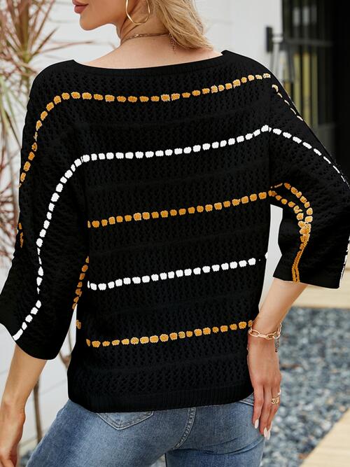 Eyelet Striped Round Neck Knit Top - TRENDMELO
