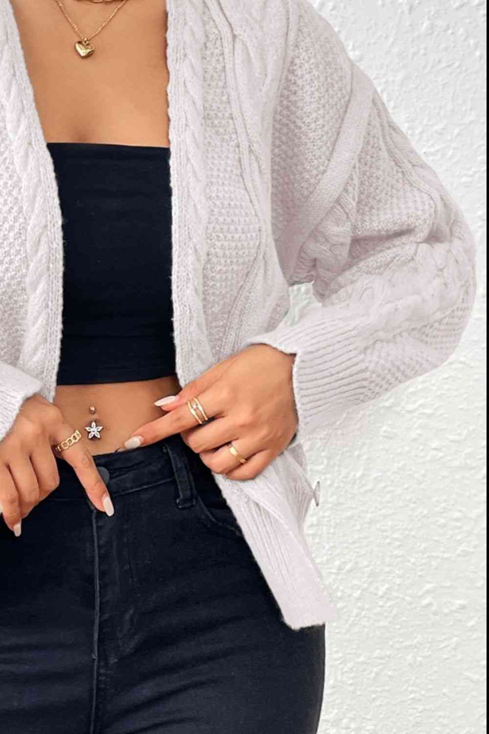 Cable-Knit Open Front Cardigan - TRENDMELO