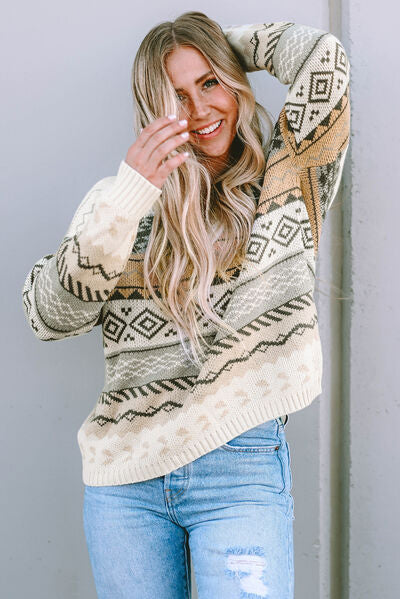 Geometric V-Neck Dropped Shoulder Sweater - TRENDMELO