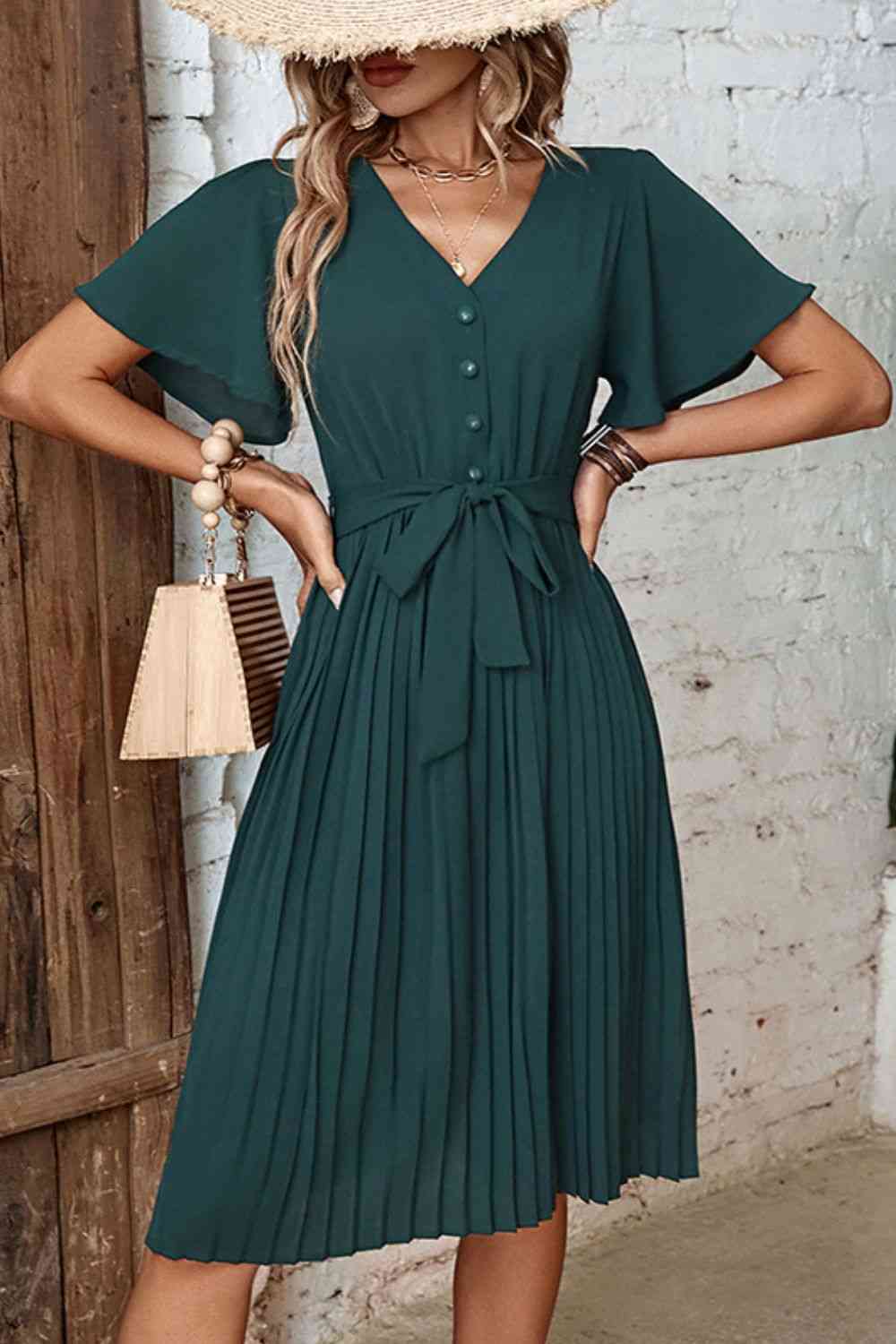 Buttoned V-Neck Flutter Sleeve Pleated Dress - TRENDMELO
