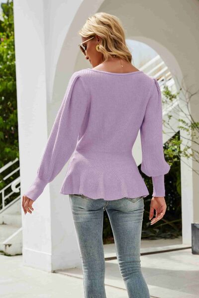 Ribbed Round Neck Lantern Sleeve Sweater - TRENDMELO