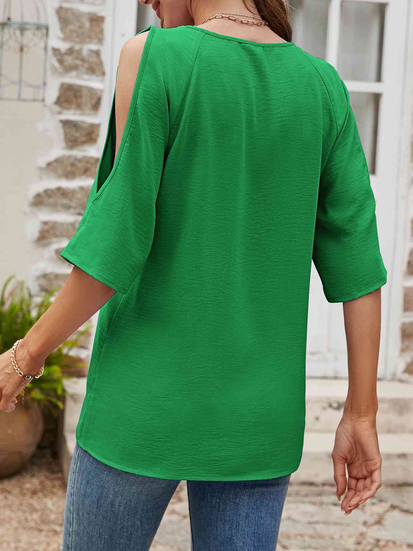 Textured Round Neck Split Sleeve Top - TRENDMELO