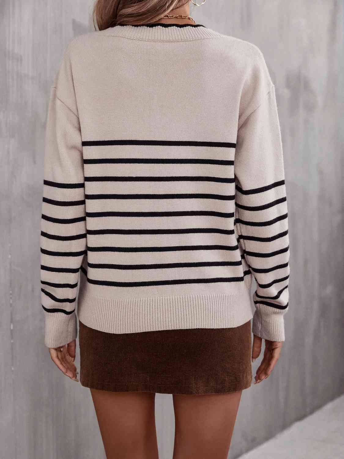 Striped V-Neck Drop Shoulder Sweater - TRENDMELO