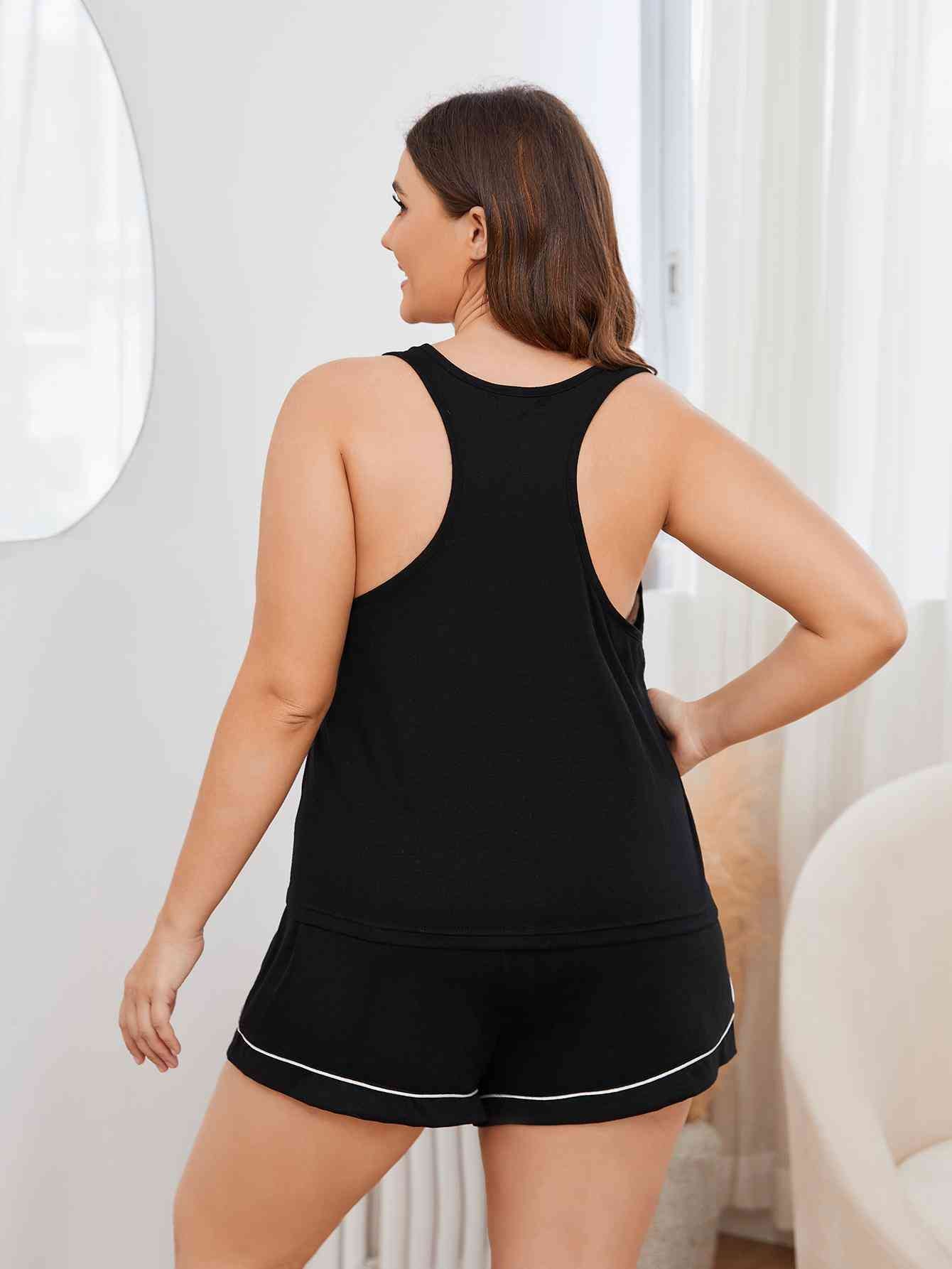 Plus Size Contrast Piping Racerback Tank and Shorts Lounge Set - TRENDMELO
