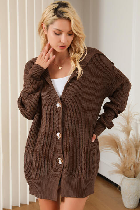 V-Neck Button Down Dropped Shoulder Cardigan - TRENDMELO