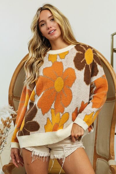 BiBi Round Neck Flower Pattern Sweater - TRENDMELO