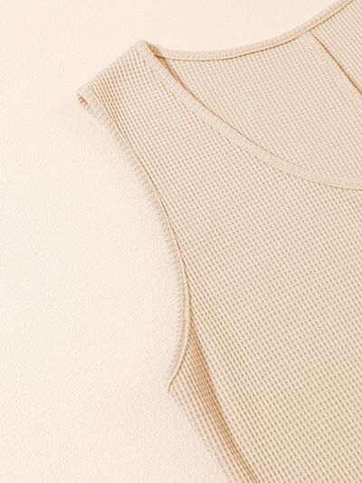 Waffle-Knit Half Button Sleeveless Romper with Pockets - TRENDMELO