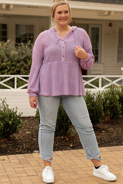 Plus Size Waffle Knit Drawstring Half Button Hooded Knit Top - TRENDMELO