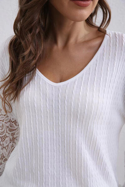 Lace Detail V-Neck Dropped Shoulder T-Shirt - TRENDMELO