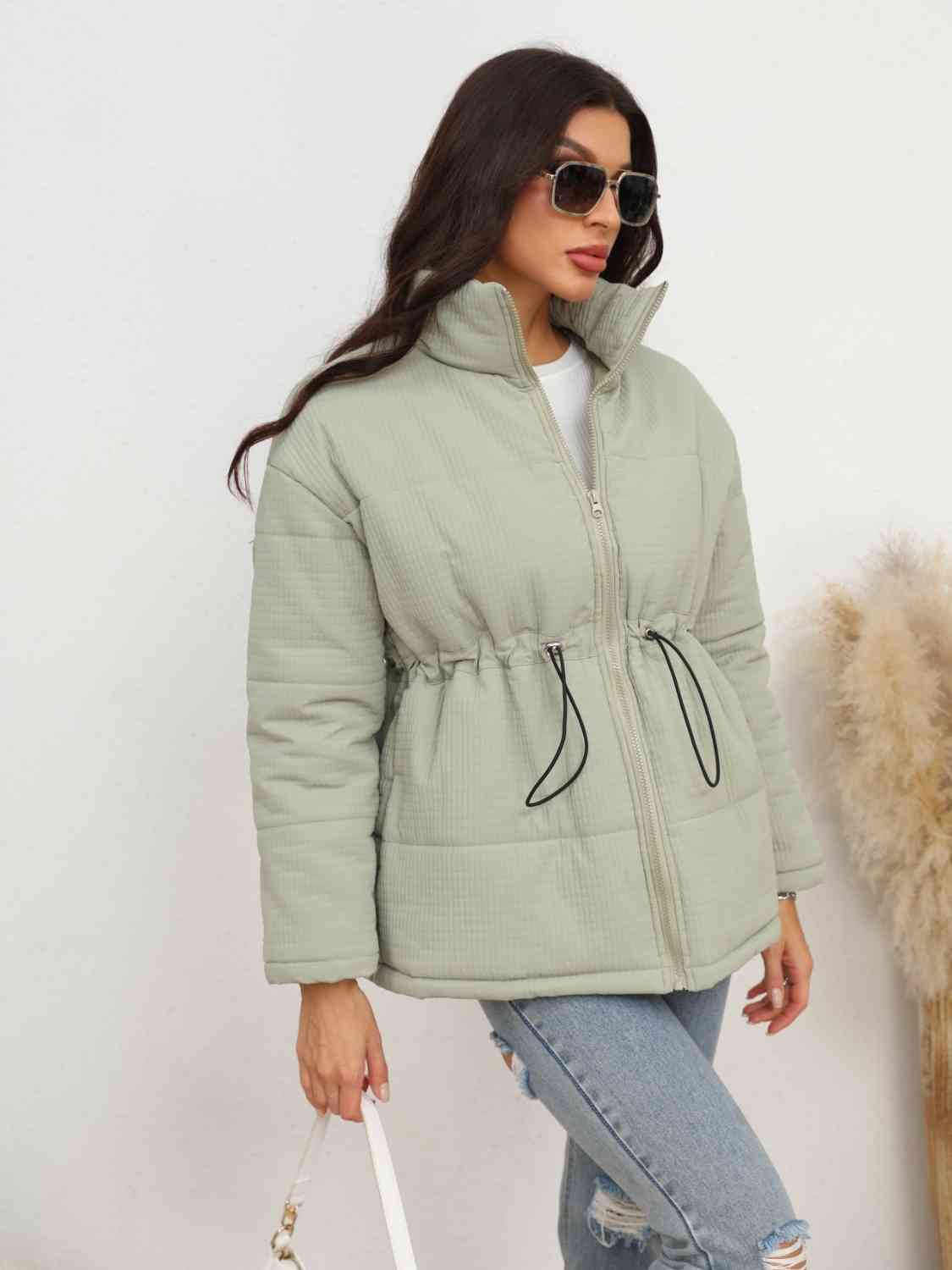 Drawstring Waist Zip-Up Puffer Jacket - TRENDMELO