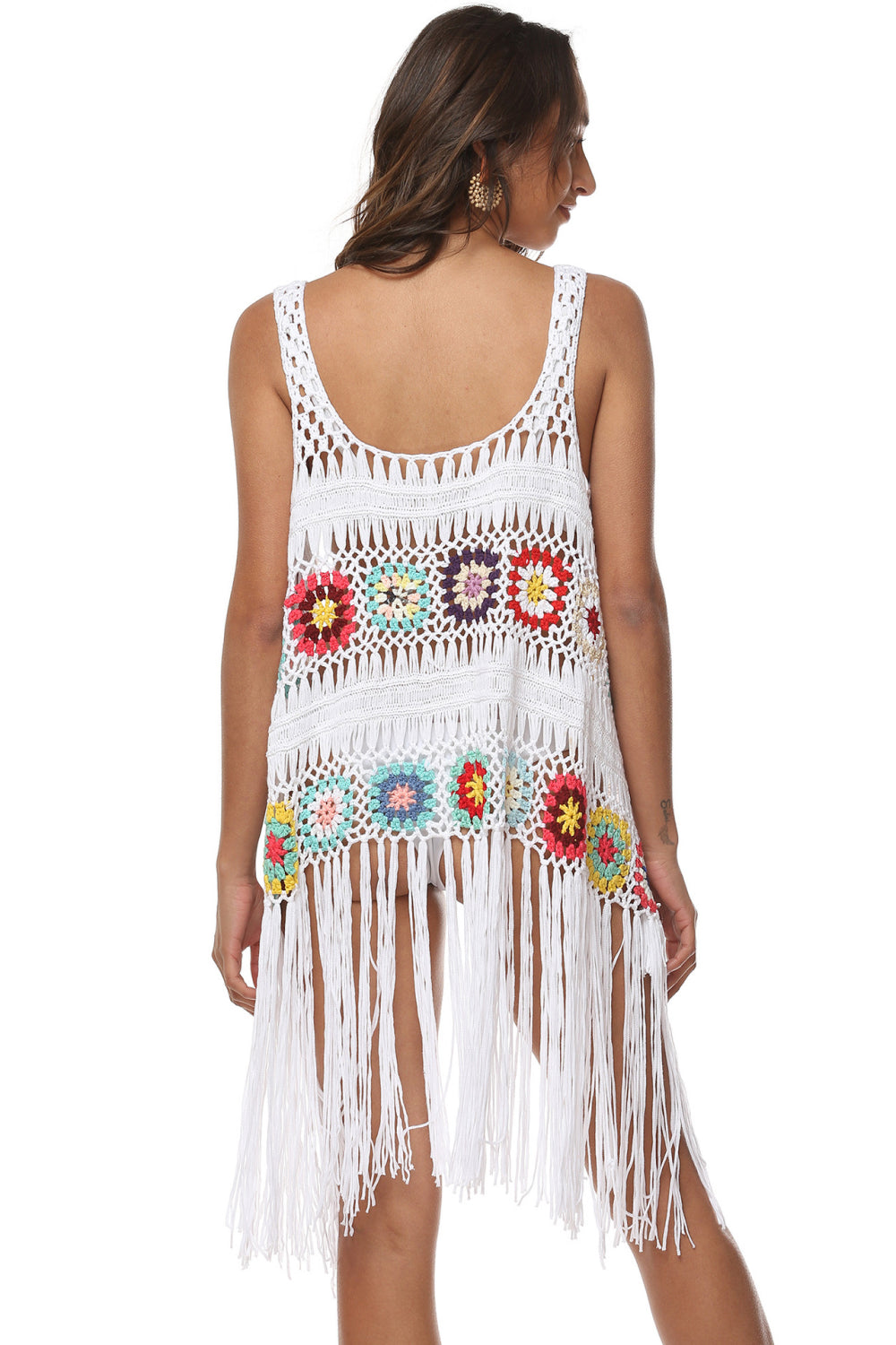 Openwork Fringe Detail Embroidery Sleeveless Cover-Up - TRENDMELO