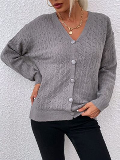 Openwork Button Up Dropped Shoulder Cardigan - TRENDMELO