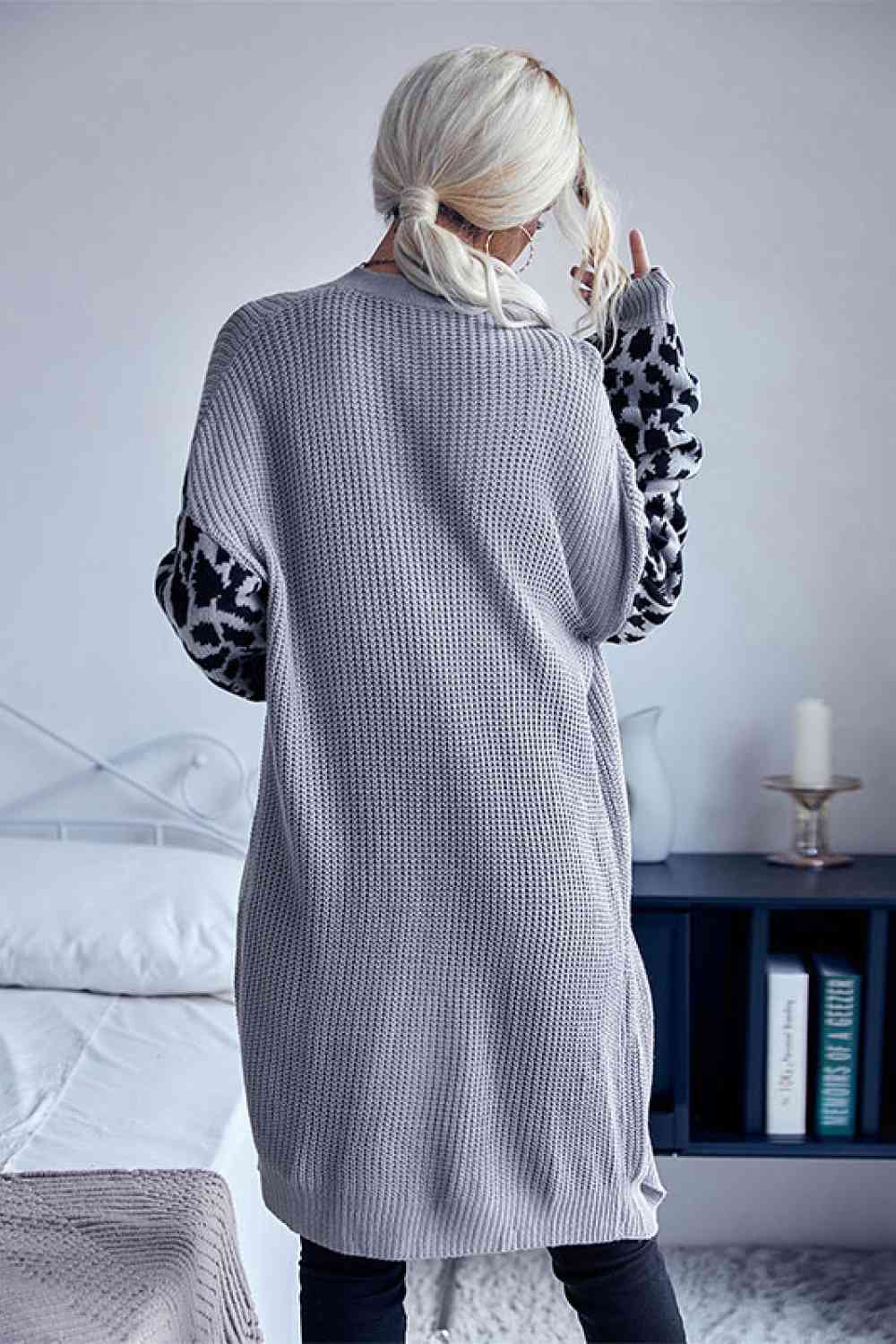 Leopard Sleeves Waffle Knit Open Front Cardigan - TRENDMELO