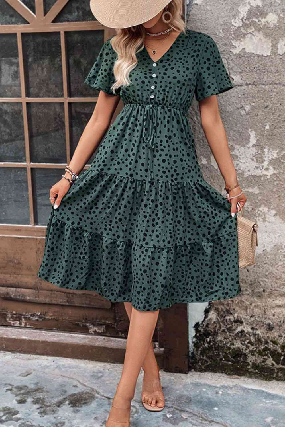 Printed Buttoned V-Neck Flutter Sleeve Dress - TRENDMELO
