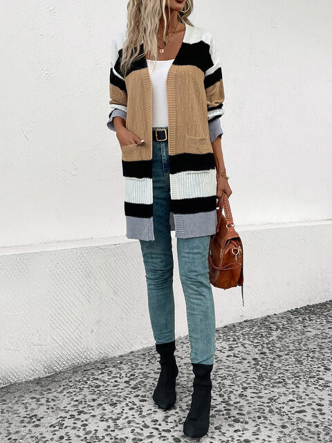 Color Block Open Front Drop Shoulder Cardigan - TRENDMELO