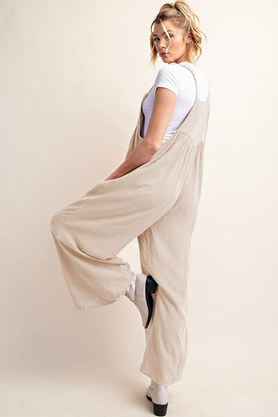 Kori America Sleeveless Ruched Wide Leg Overalls - TRENDMELO