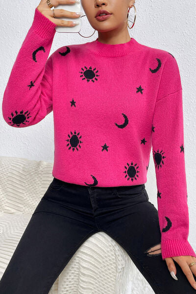 Graphic Mock Neck Dropped Shoulder Sweater - TRENDMELO