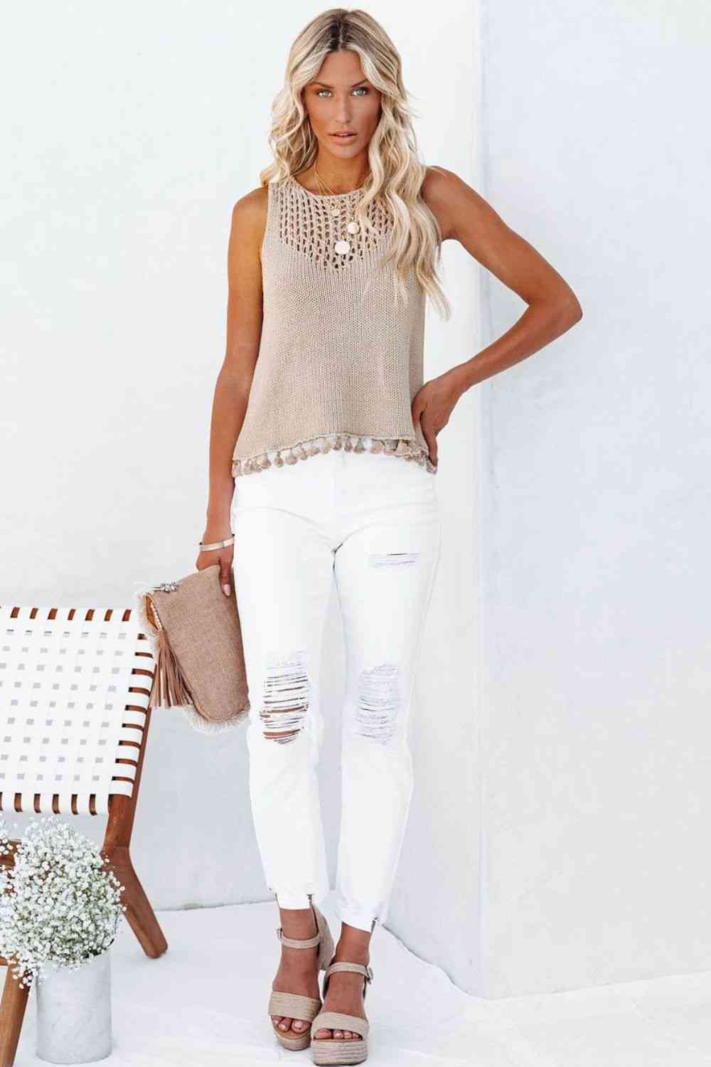 Openwork Tassel Hem Knit Tank - TRENDMELO