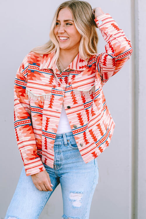 Geometric Button Up Collared Neck Jacket - TRENDMELO