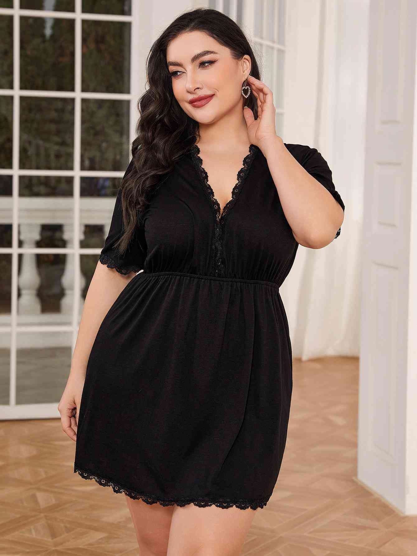 Plus Size Lace Trim Deep V Night Dress - TRENDMELO