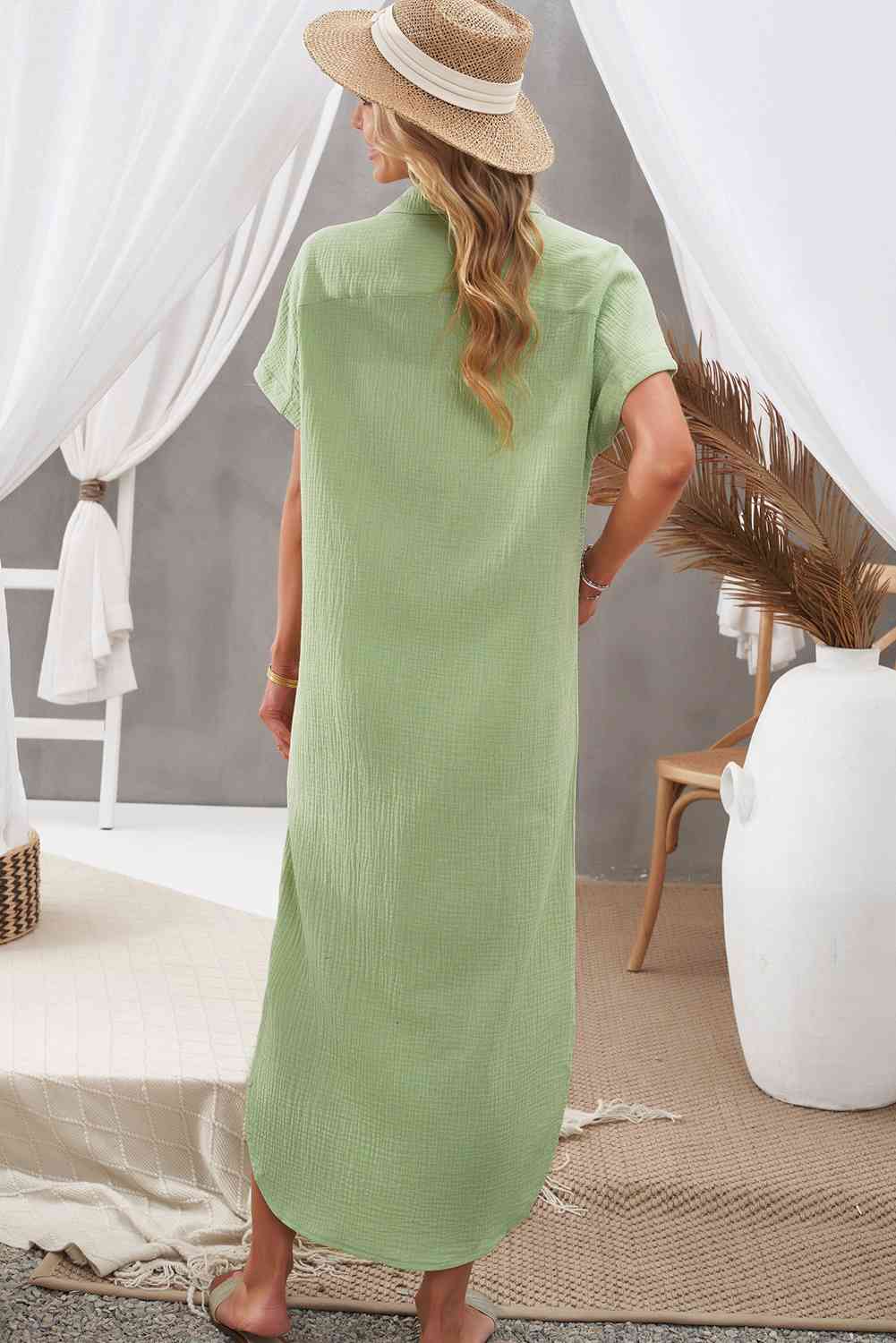 Textured Button Down Slit Shirt Dress - TRENDMELO