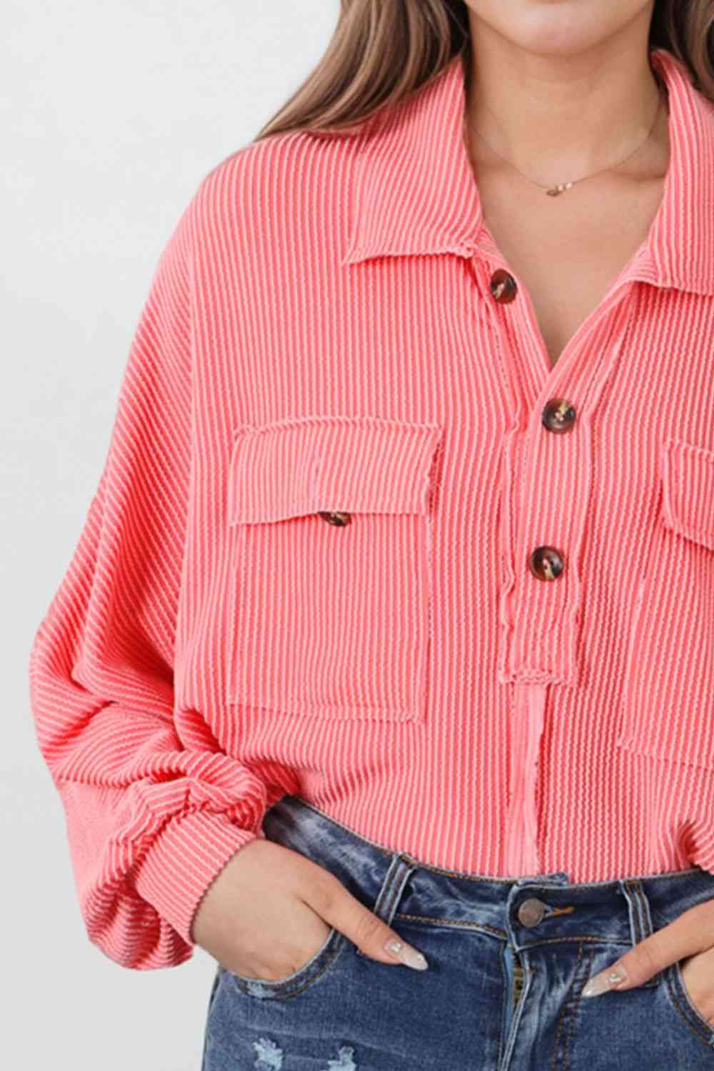 Buttoned Collared Neck Long Sleeve Top - TRENDMELO