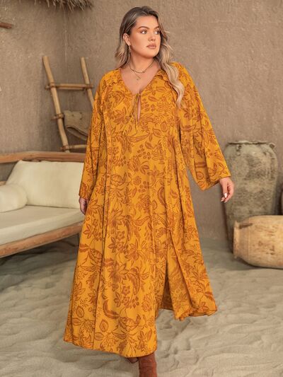 Plus Size Printed Slit Long Sleeve Dress - TRENDMELO