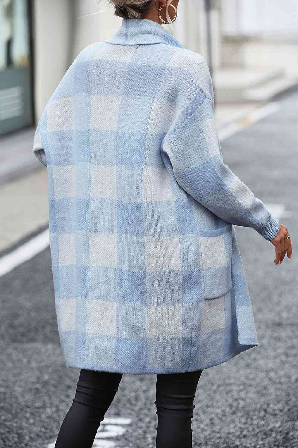 Plaid Dropped Shoulder Cardigan with Pocket - TRENDMELO