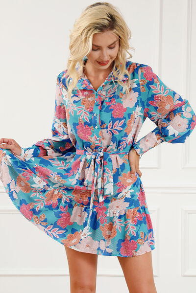 Floral Tie Waist Lantern Sleeve Ruffled Hem Mini Dress - TRENDMELO