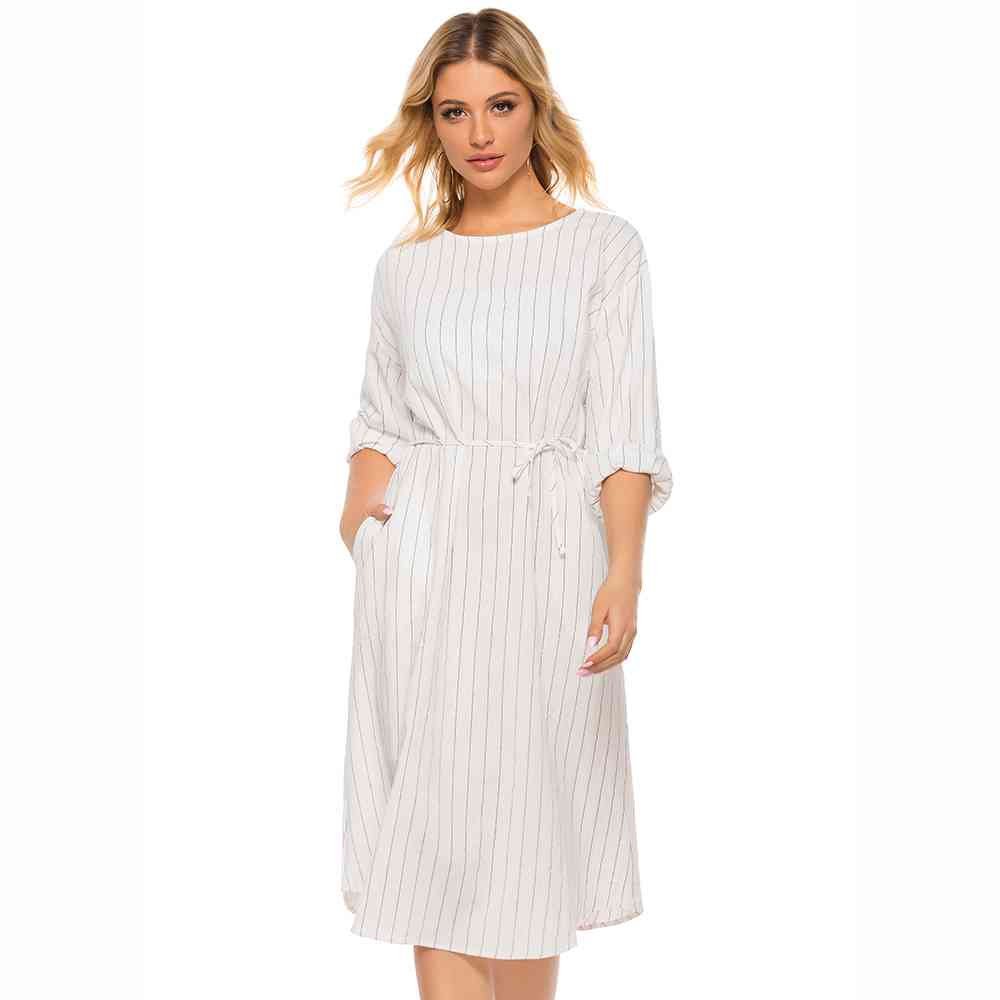 Pinstripe Tie Waist Round Neck Dress - TRENDMELO