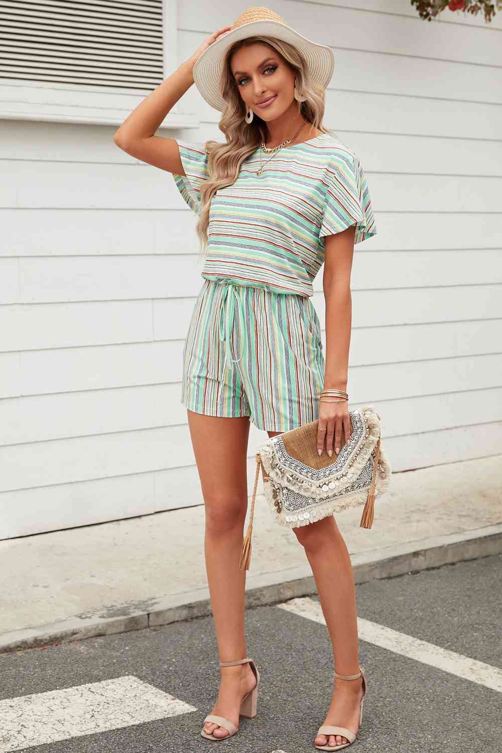 Rainbow Stripe Drawstring Waist Romper - TRENDMELO