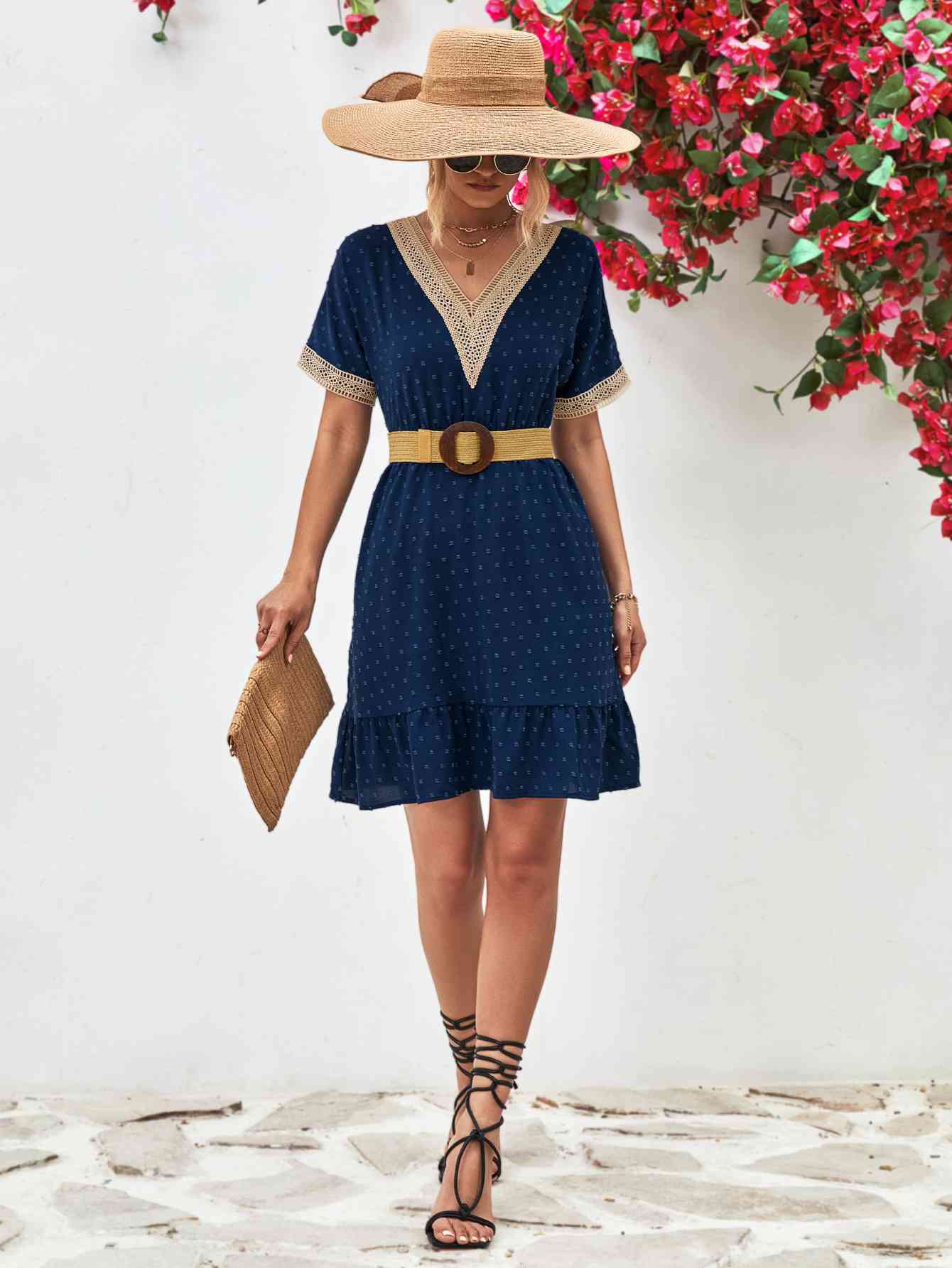 Contrast V-Neck Short Sleeve Mini Dress - TRENDMELO