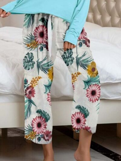 Round Neck Top and Printed Pants Lounge Set - TRENDMELO