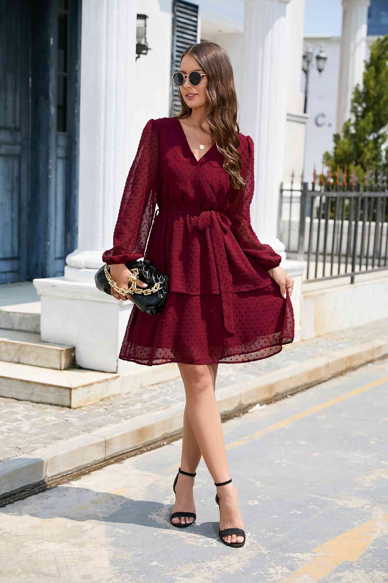 Surplice Neck Swiss Dot Tie Belt Layered Dress - TRENDMELO