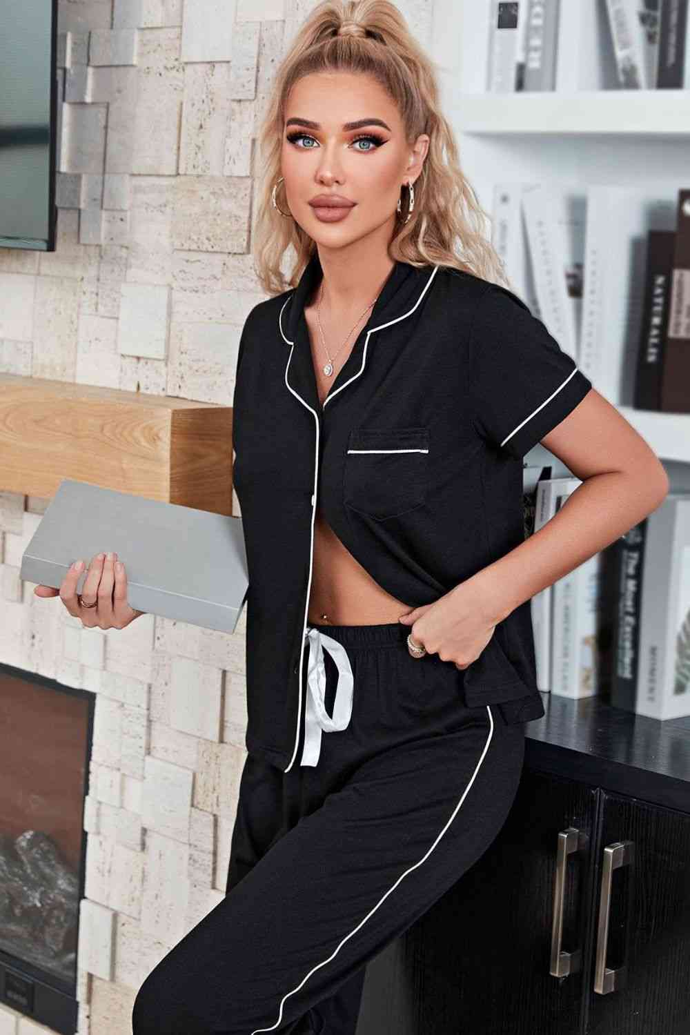 Contrast Piping Short Sleeve Top and Pants Pajama Set - TRENDMELO