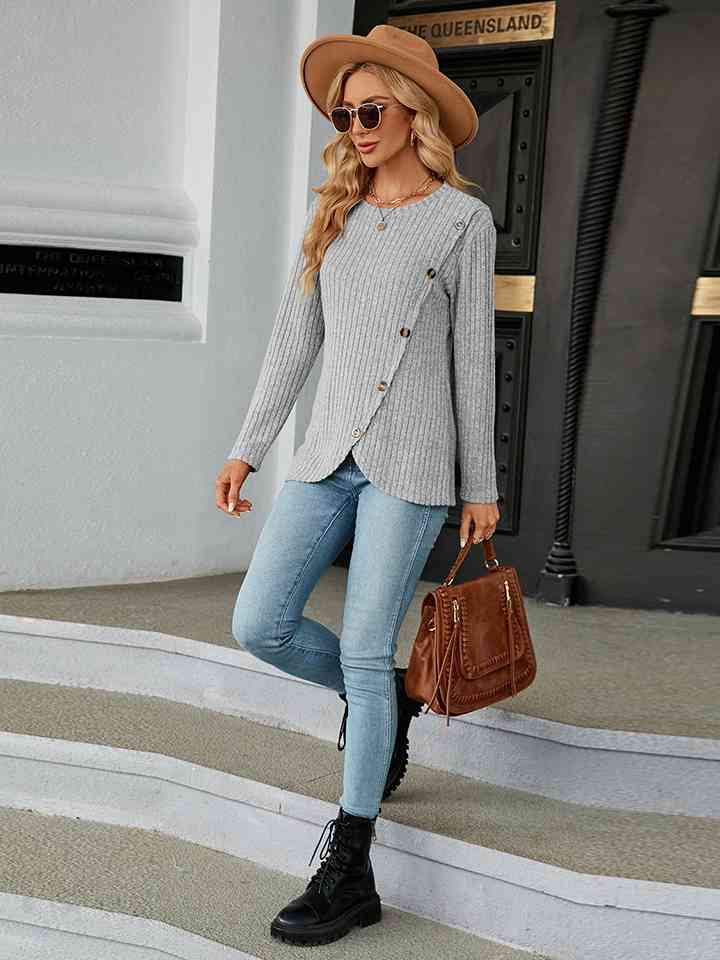 Round Neck Ribbed Button Detail Blouse - TRENDMELO